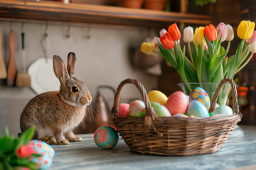 Easter decoration of colorful eggs in a basket and a rabbit on the kitchen table in a rustic style - 774664810