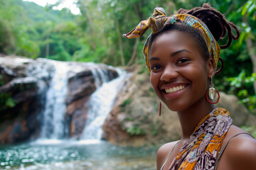 young beautiful smiling african woman posing near a waterfall in the jungle