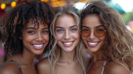 Fototapeta premium Three lovely women pose before a smiling neon sign