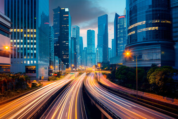 Highway overpass motion blur city with skyscrapers background - 774664821