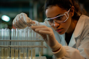 Female scientist taking out glass tube samples with clear liquid inside - 774664831