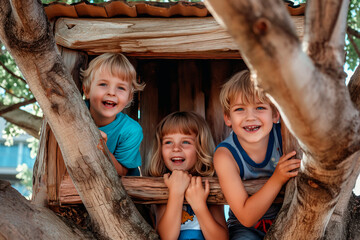 Three carefree cheerful children playing in a tree house - 774664841