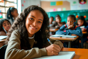 Smiling dark-skinned schoolgirl sitting at desk in classroom, writing in notebook, posing and...