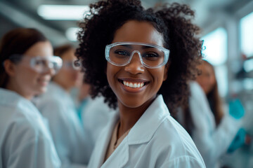 Smiling group of scientists in modern laboratory with african female leader wearing white coats and protective glasses - 774664848