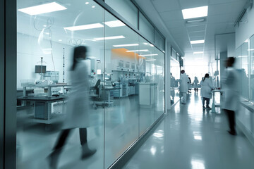 Modern medical research laboratory with blurred people wearing white coats - 774664854