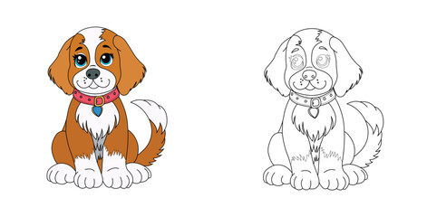 Colorful children's dog in cartoon style. Black and white vector illustration for coloring books. Coloring book for children.
