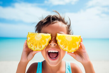 Happy child on the beach, laughing closing his eyes with pineapple slices, summer vacation concept - 774664857
