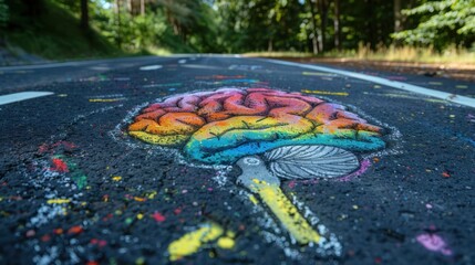 Chalk drawing of human structure showing brain activity on asphalt. Autism and autistic developmental disorders are symbols of psychology, communication and social behavior. - obrazy, fototapety, plakaty