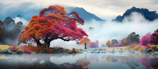 The foreground of the image features trees with pink leaves against a misty lake, creating a serene and dreamy atmosphere