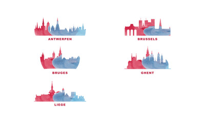 Belgium cities skyline vector logo set. Flat watercolor icon for Brussels, Ghent, Bruges, Antwerpen, Liege silhouette. Isolated graphic collection