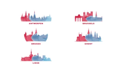 Photo sur Aluminium Anvers Belgium cities skyline vector logo set. Flat watercolor icon for Brussels, Ghent, Bruges, Antwerpen, Liege silhouette. Isolated graphic collection