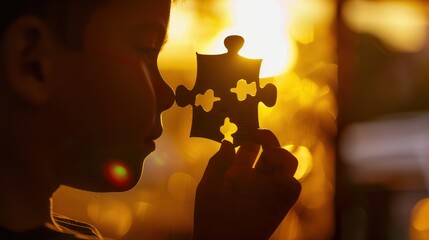The silhouette of a schoolboy's hand holding a jigsaw puzzle symbolizes teamwork in school. Autism and Autistic Developmental Disorders are symbols of psychology, communication, and social behavior.