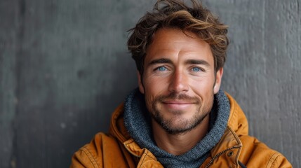  A tight shot of an individual in a yellow jacket and a brown jacket, with a gray hoodie concealing the head, and blue eyes visible - obrazy, fototapety, plakaty