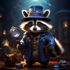 a clever raccoon with a knack for solving puzzles and cracking codes wearing a detectives hat