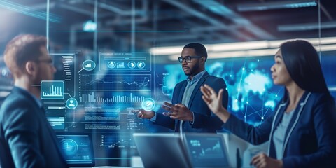 Business professionals discussing data analytics