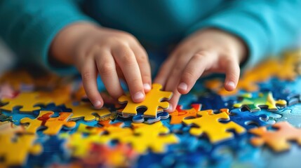 Autism and autism Boy's hands connecting a jigsaw puzzle. Autism and other developmental, communication and social behavior disorders.