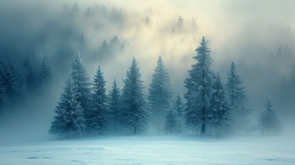   A foggy forest with pine trees in foreground, sun shining background - obrazy, fototapety, plakaty