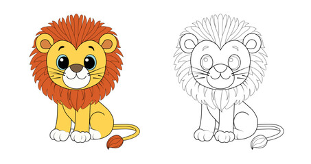 Colorful children's lion in cartoon style. Black and white vector illustration for coloring books. Coloring book for children.