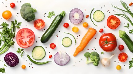 Fresh garden vegetables artistically arranged on a white background, ideal for healthy eating and diet concepts. Colorful, vibrant, and appetizing. Perfect for stock photo uses. AI