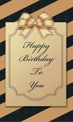 happy birthday card with a gold bow and a black and white striped background
