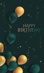 happy birthday background with gold and green balloons