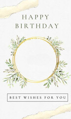 white and gold birthday card with a wreath