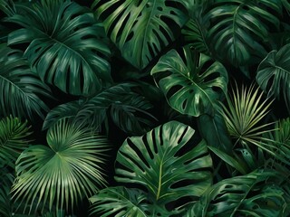 Bright background with emerald palm leaves and tropical greenery close-up.
