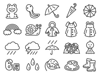 梅雨のアイコン（線画）のイラストセット