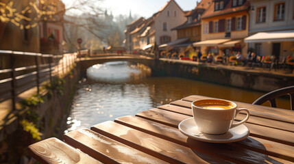 Fototapeta na wymiar Morning Coffee by the Riverside in a Quaint Town . A cup of freshly brewed coffee sits on a rustic wooden table by the riverside, with the golden morning sun illuminating a charming town. 