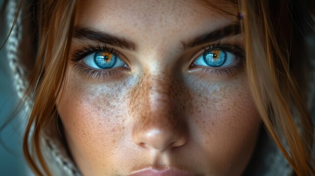  freckled skin, blue eyes, and hair peppered with frecks