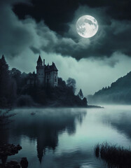 夜の湖の畔に建つ廃墟の城と満月1