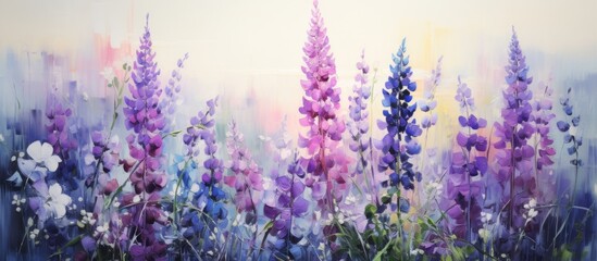 Purple and blue flowers are beautifully depicted in a field in a painting, showcasing vibrant...
