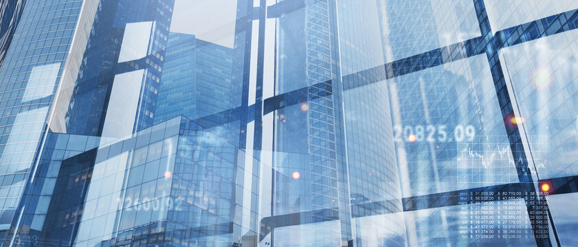 business finance background banner with modern office buildings, financial technology for business