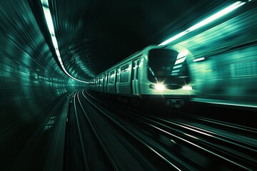   A train passes through a tunnel with green light emanating from its side Opposite the tunnel, a person is positioned - obrazy, fototapety, plakaty