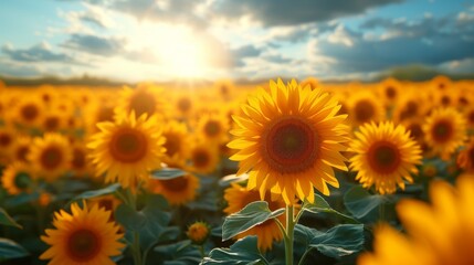  sun flowers facing up, sun piercing through scattered clouds