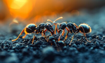 Fiery Ants Foraging at Twilight. Generative ai - obrazy, fototapety, plakaty