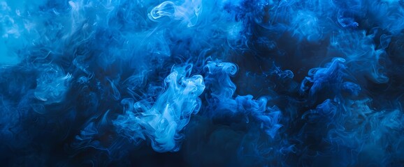 Azure blue smoke floating amidst a dreamy tapestry painted in shades of midnight black.