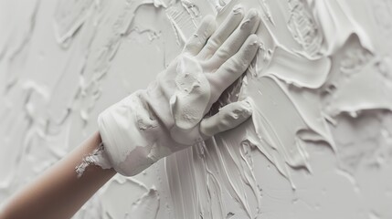 Within the context of real estate, a painter's hand, cloaked in a white glove, meticulously coats a wall with fresh paint, symbolizing the anticipation and excitement of a new home