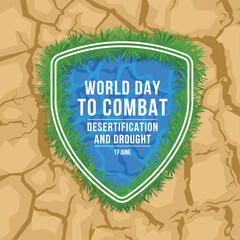 World Day to Combat Desertification and Drought - Text in white frame on pond water and green grass around with shield shape on brown parched drought soil dry desert texture background vector design