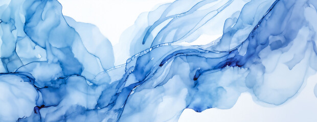 Horizontal alcohol ink art in light blue on white