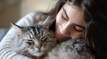 A beautiful young woman with autism can be happy and joyful cuddling her cute cat. Autism and autism, autism and disorders of development, communication and social behavior.