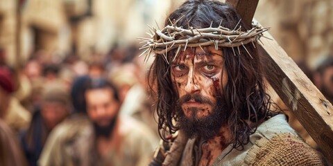 Man Portraying Jesus with Crown of Thorns. Generative ai