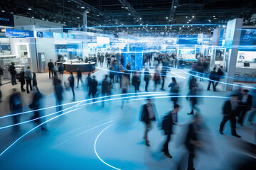 Dynamic trade show floor with motion blur of attendees, highlighting the vibrant energy of industry events