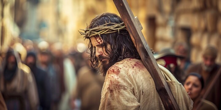 Man Portraying Jesus with Crown of Thorns. Generative ai