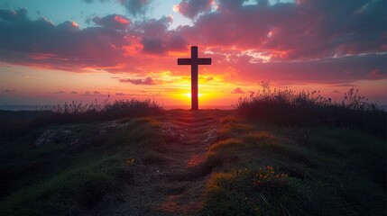   A hilltop cross against a sunset backdrop, clouds in the sky above