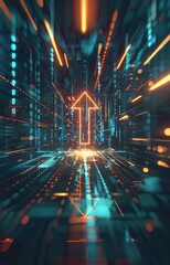 Fototapeta premium Abstract technology glowing background with bokeh and upwards arrows. Growing market concept.