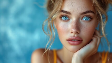   A close-up of a woman's face reveals a scattering of freckles, one prominently situated on her left cheek - obrazy, fototapety, plakaty