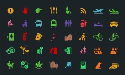 Set of icon airport public navigation. Transport escalator luggage and more. Flat color symbols. - 774668667
