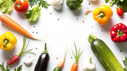 Colorful Assortment of Fresh Vegetables On White Surface. Healthy Eating Concept. Bright, Vibrant Color Palette, Top View. Image Suited for Food Blogs and Magazines. AI - Powered by Adobe