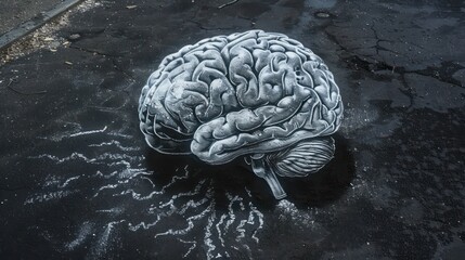 Chalk drawing of human structure showing brain activity on asphalt. Autism and autistic developmental disorders are symbols of psychology, communication and social behavior. - obrazy, fototapety, plakaty
